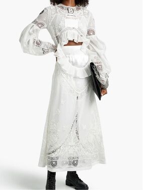 RUNWAY Burberry White Ruffled Cutout Maxi Dress with Embroidered Detail